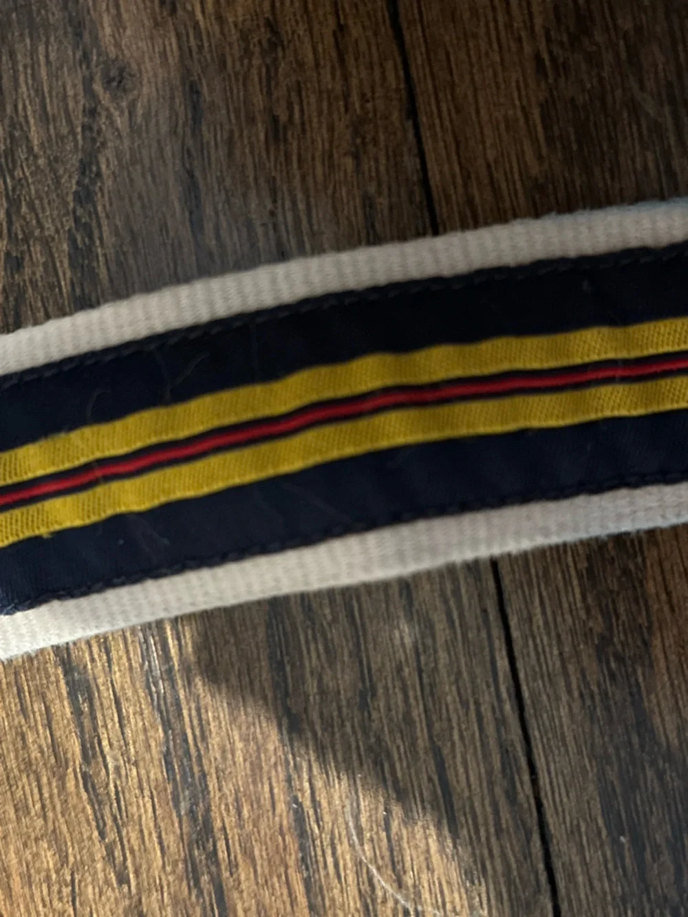 Striped Canvas Webbing Belt with Double D-Ring Buckle - Navy/Yellow 3 years
